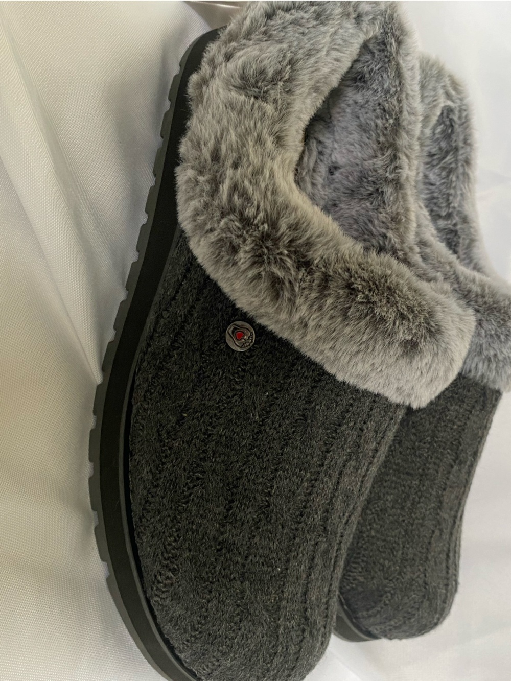 Skechers Charcoal Gray Faux-Fur Cuff Slip-On Women’s Slippers